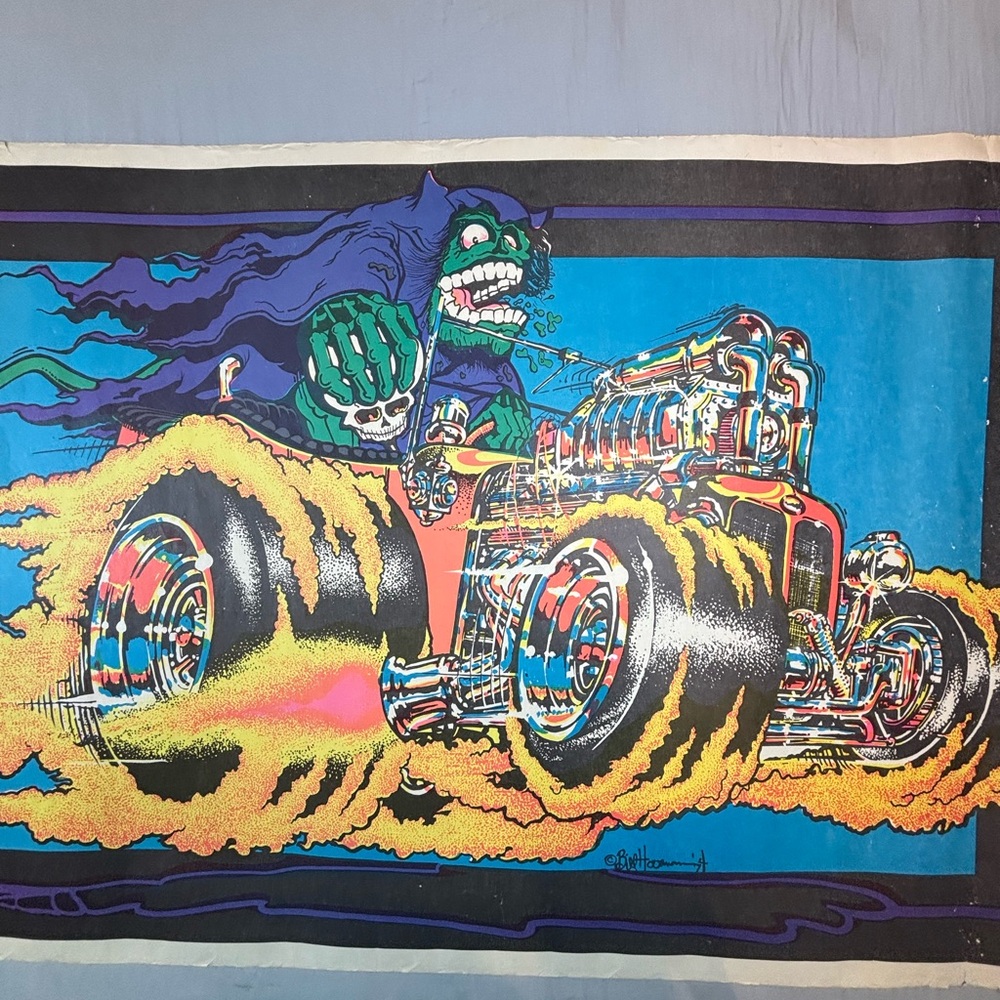 Vintage 1970s Black Light Poster Hot Rod Grim Reaper 34.75x3 Inch‎ - Picture 2 of 15